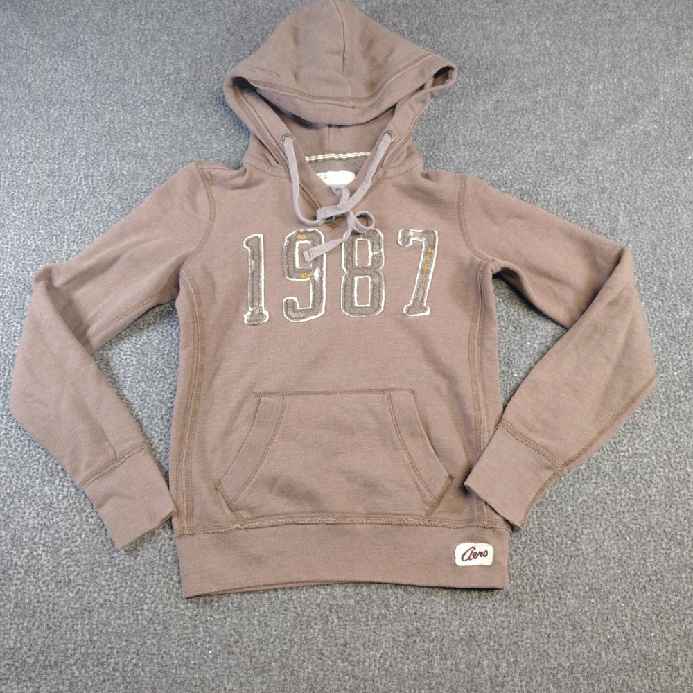 Y2k Aeropostale Hoodie Women XS Brown 1987 Graphic Pullover Sweatshirt Athletic